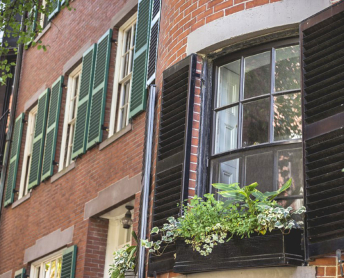 Bowed brick facade with divided-light sash, black louvered shutters open to the wall, and a window box.